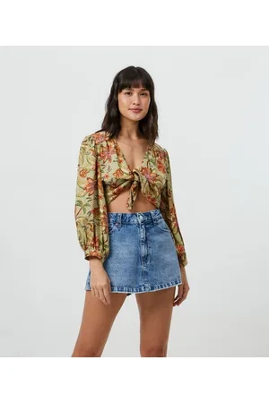 Blue Steel Blusa Cropped em Viscose com Estampa Tropical e Amarração no Busto