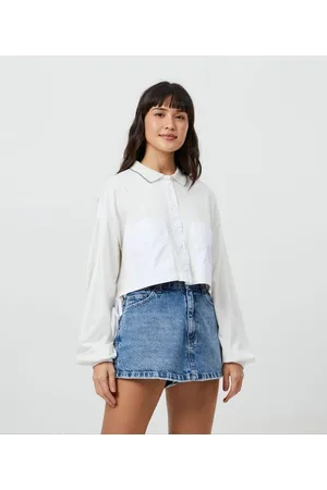 Blue Steel Camisa Cropped em Algodão com Gola de Tricô e Detalhes Contrastantes
