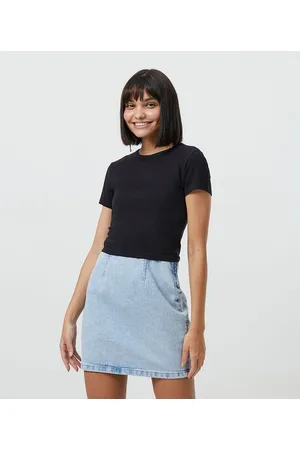 Blue Steel Blusa Cropped Básica em Algodão com Manga Curta