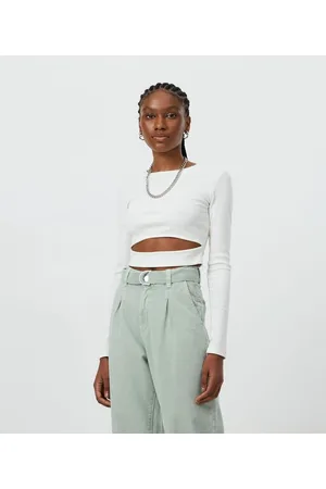 Blue Steel Blusa Cropped em Ribana Canelada com Recorte Vazado