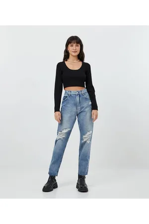 Blue Steel Calça Relaxed em Jeans com Puídos e Barra Desfeita