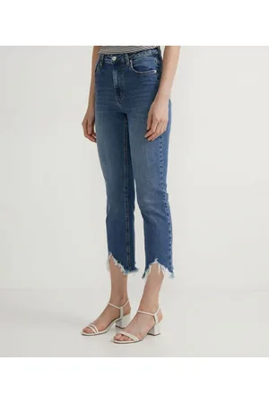 Marfinno Calça Flare Cropped Jeans com Puído na Barra