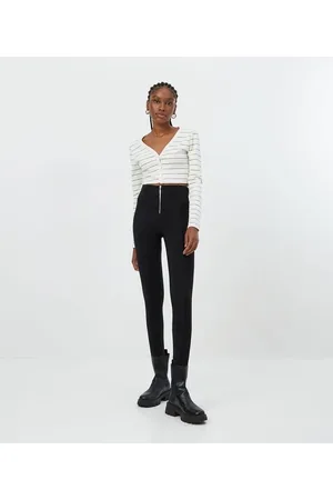 Blue Steel Calça Legging Canelada com Zíper Frontal no Cós