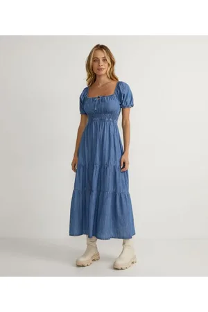 Blue Steel Vestido Midi Liocel com Amarração no Decote e Elástico na Cintura