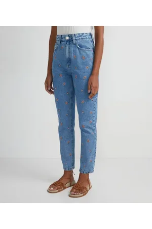 Blue Steel Calça Mom Jeans com Cintura Alta e Bordado de Florzinhas