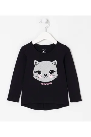 Póim (1 a 5 anos) Blusa Infantil com Estampa de Gato em Glitter - Tam 1 a 5 anos
