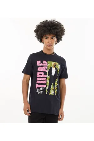 Tupac Camiseta em Meia Malha Manga Curta com Estampa Ilustrada