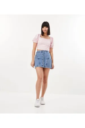 Blue Steel Saia Curta em Jeans com Recortes e Botões Forrados