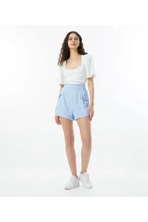 Blue Steel Short Evasê em Linho com Recorte Frontal e Bolsos