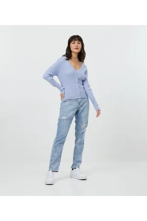 Blue Steel Calça Mom Jeans com Puídos e Barra Corte a Fio