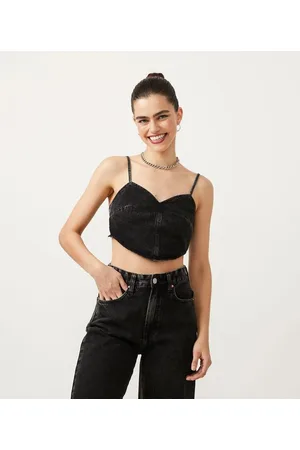Blue Steel Blusa Regata Cropped em Jeans com Decote Coração