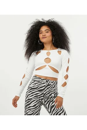 Blue Steel Blusa Cropped em Ribana com Detalhes Vazados e Manga Longa