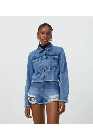 Blue Steel Jaqueta Cropped Jeans com Barra e Punhos Desfiados