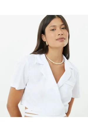 Blue Steel Camisa Cropped em Tricoline com Tiras para Amarração na Cintura