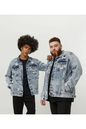 Blue Steel Jaqueta em Jeans Estonado com Rasgos e Puídos