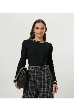 Cortelle Blusa em Tricô Canelado com Vivo Contrastante na Gola e Mangas