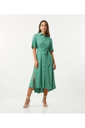 Marfinno Vestido Midi em Viscolinho com Abotoamento Frontal e Cinto Faixa