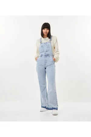 Blue Steel Macacão Jardineira Wide Leg Jeans com Botões Laterais e Barra Desfeita