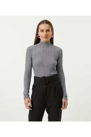 Cortelle Blusa Gola Alta Xadrez Pied-de-Poule com Barra Mullet