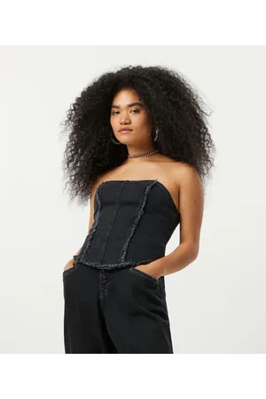 Blue Steel Blusa Jeans Corset com Detalhes Desfiados e Lastex nas Costas