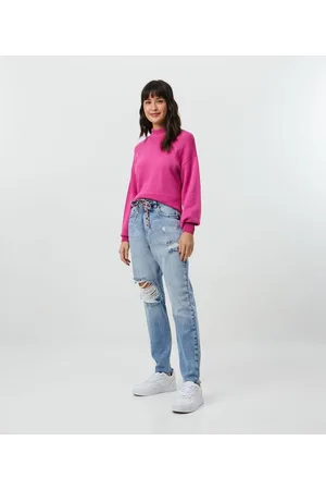 Blue Steel Calça Mom Jeans com Cinto de Cordão e Barra Corte a Fio