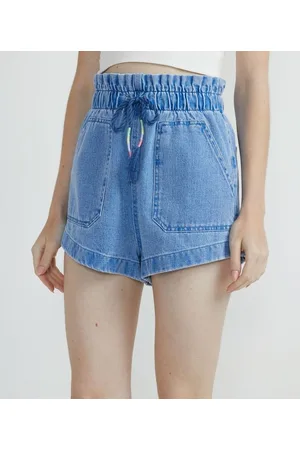 Blue Steel Short Mom Jeans com Elástico na Cintura e Cordinha