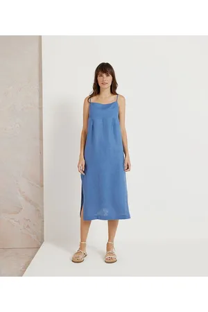 Marfinno Vestido Longo em Linho com Alças Finas e Fendas Laterais