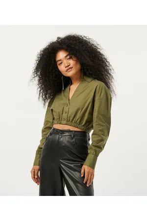 Blue Steel Camisa Cropped em Tricoline com Decote nas Costas