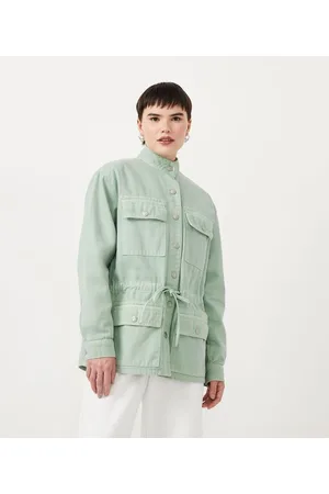 Blue Steel Jaqueta Parka em Sarja com Bolsos e Amarração na Cintura