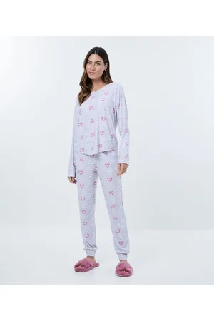 Pijama Longo com Toque Suave e Estampa Xadrez com Corações Off white/Preto