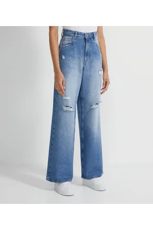 Blue Steel Calça Wide Leg Jeans com Puídos