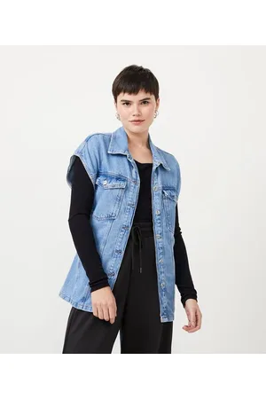 Blue Steel Colete Alongado em Jeans com Bolsos e Cinto