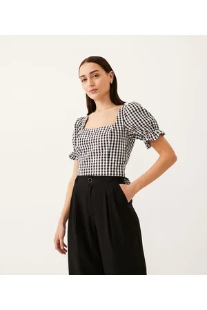 A-Collection Blusa em Ana Ruga Xadrez Vichy com Manga Bufante