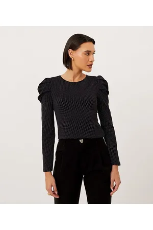 A-Collection Blusa em Cotton com Manga Longa Bufante e Estampa Poá