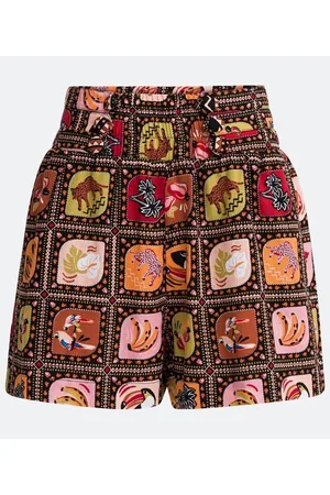 Blue Steel Short Curto em Linho com Estampa Tropical e Botões Forrados