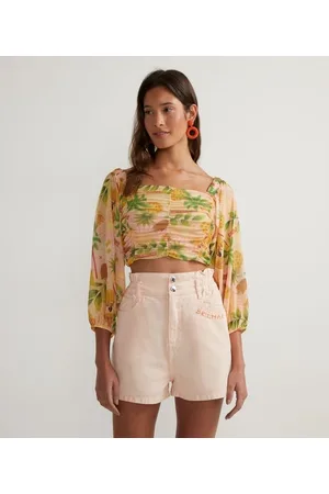 Blue Steel Blusa Cropped em Tule com Estampa de Frutas