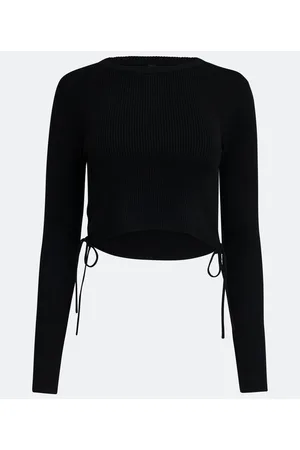 Blue Steel Blusa Cropped em Viscose Canelada com Manga Longa e Amarração Lateral