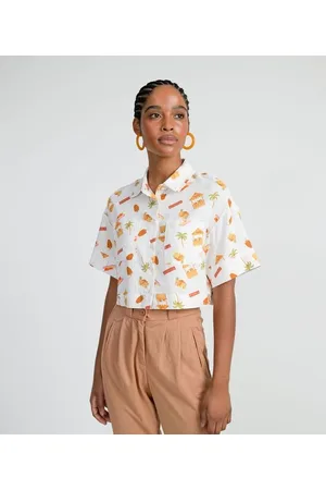 Blue Steel Camisa Cropped em Linho com Bolsinho Frontal Estampa Tropical