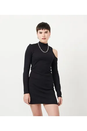 Blue Steel Vestido Curto em Ribana com Gola Alta e Recorte no Ombro
