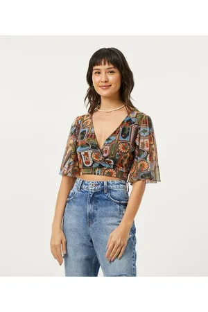 Blue Steel Blusa Cropped em Tule com Decote Transpassado e Estampa de Paisagens