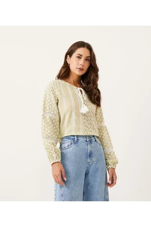 Marfinno Blusa em Tecido Laise com Recortes em Patchwork