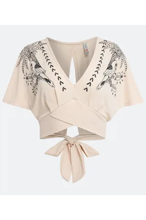 Blue Steel Blusa Cropped em Piquet com Estampa Tropical e Amarração nas Costas