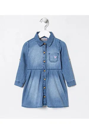 Póim (1 a 5 anos) Camisa Infantil Jeans Lisa com Borbado Coração -Tam 1 a 5 anos