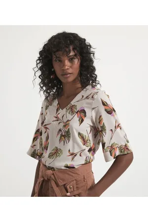 Marfinno Blusa Manga Curta em Viscose Estampa Folhagens Coloridas