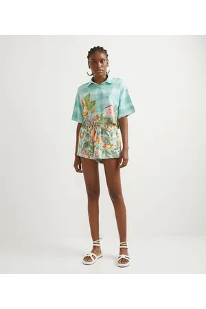 Blue Steel Short Clochard em Linho Estampa Paraíso com Cós Elástico e Amarração