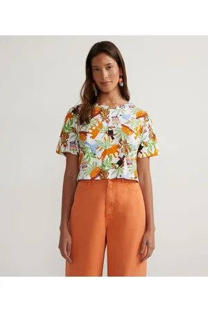 Blue Steel Blusa Cropped em Meia Malha com Estampa Tropical