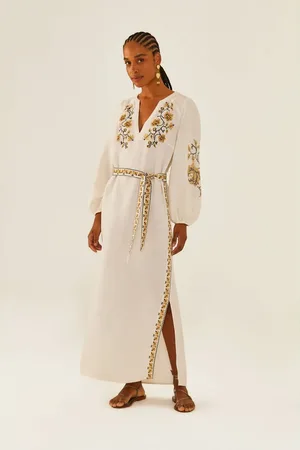 MARIA FILÓ Vestido Midi Bordado Ponto Cruz Ouro