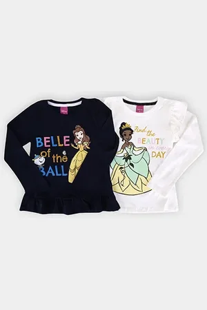 Disney Kit Camiseta Infantil Princesas Bella e Tiana Menina