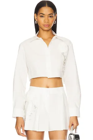 AREA Crystal Rosette Poplin Cropped Shirt in . Size 2, 4, 6.