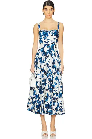 Cara Cara Santiago Midi Dress in White,Blue. Size 12.